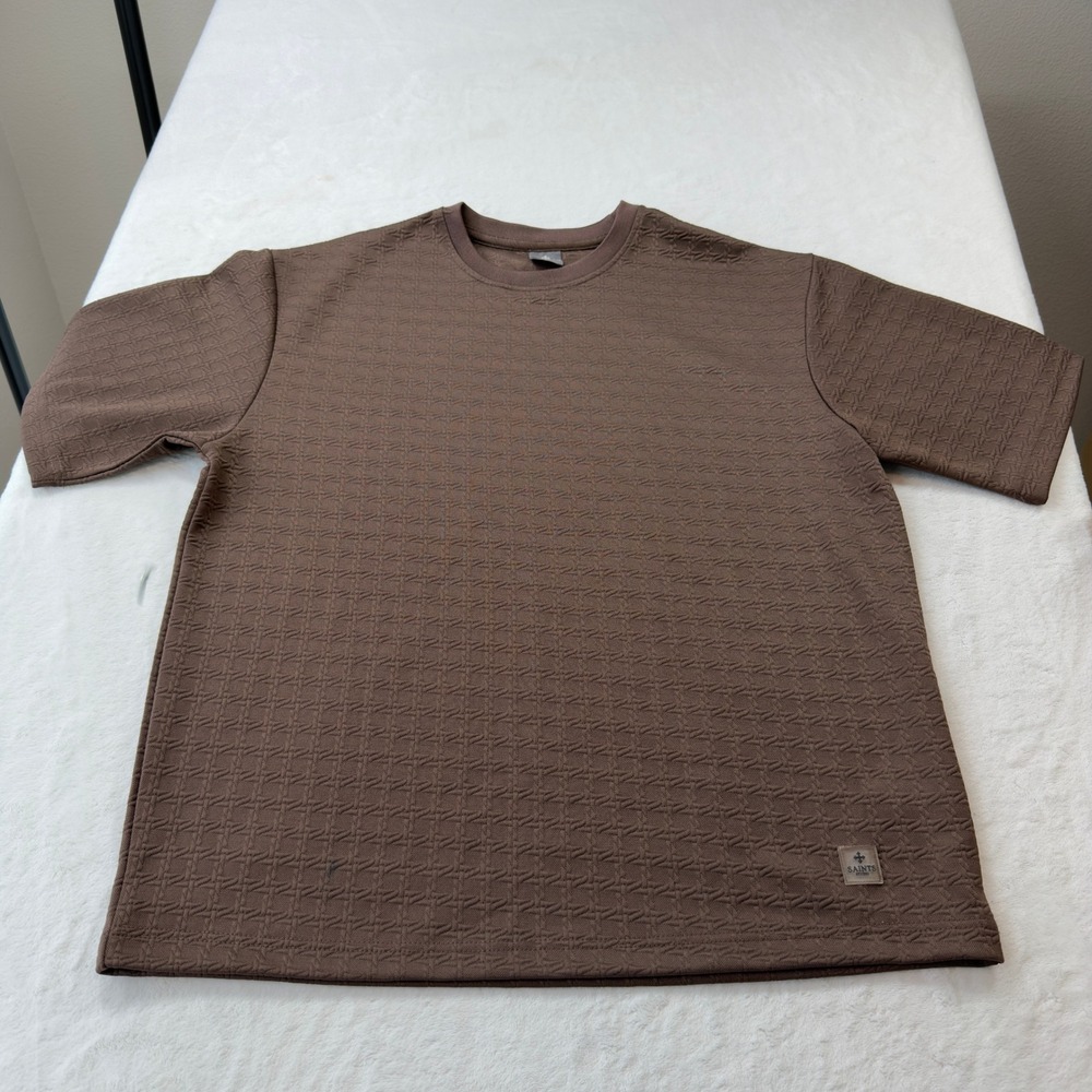 Saints Studio Textured T-Shirt Men Large Brown Good Embossed Geometric Short Slv